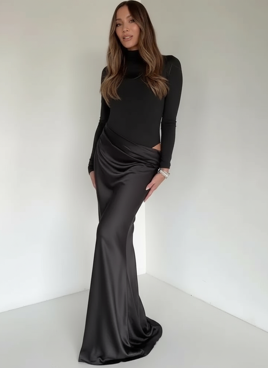 Elegant Patchwork Satin Evening Dress with Turtleneck & Zipper