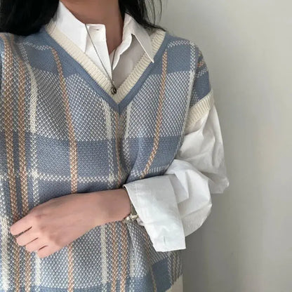 Vintage Korean Style Plaid Knit Pullover Vest - Loran