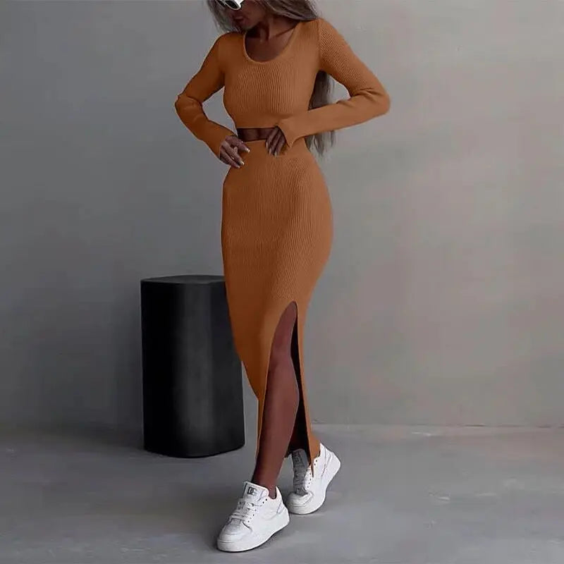 Solid Knit 2-Piece Bodycon Skirt Outfit