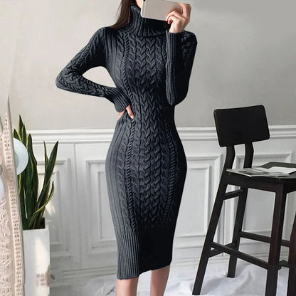 Warm Knitted Bodycon Turtleneck Dress for Autumn/Winter - Loran