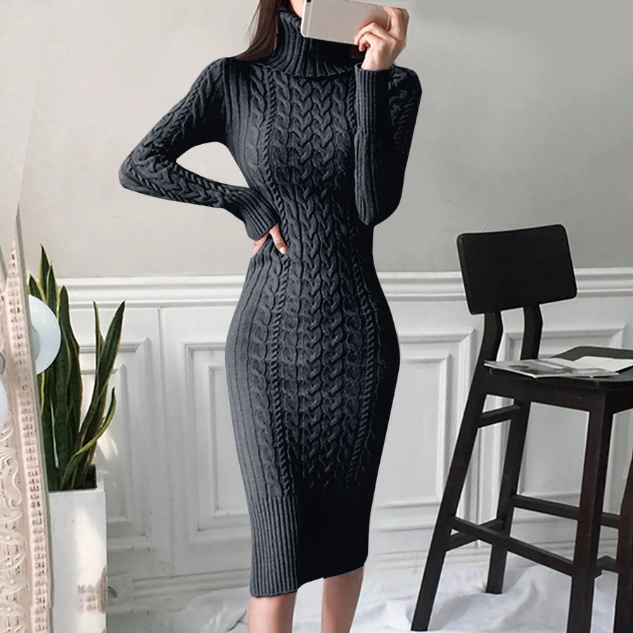Warm Knitted Bodycon Turtleneck Dress for Autumn/Winter
