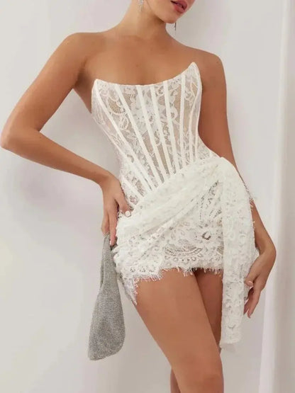 Elegant Lace Corset Mini Dress with Straps - Loran
