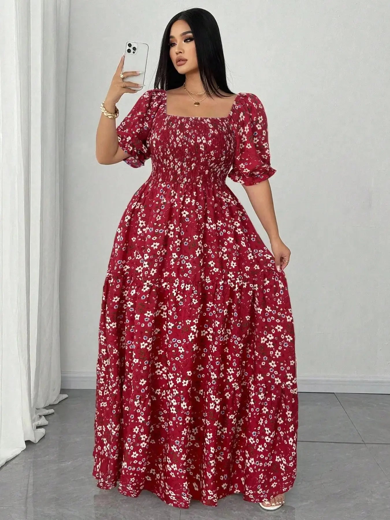 Plus Size Floral Fitted Woven Dress - Loran