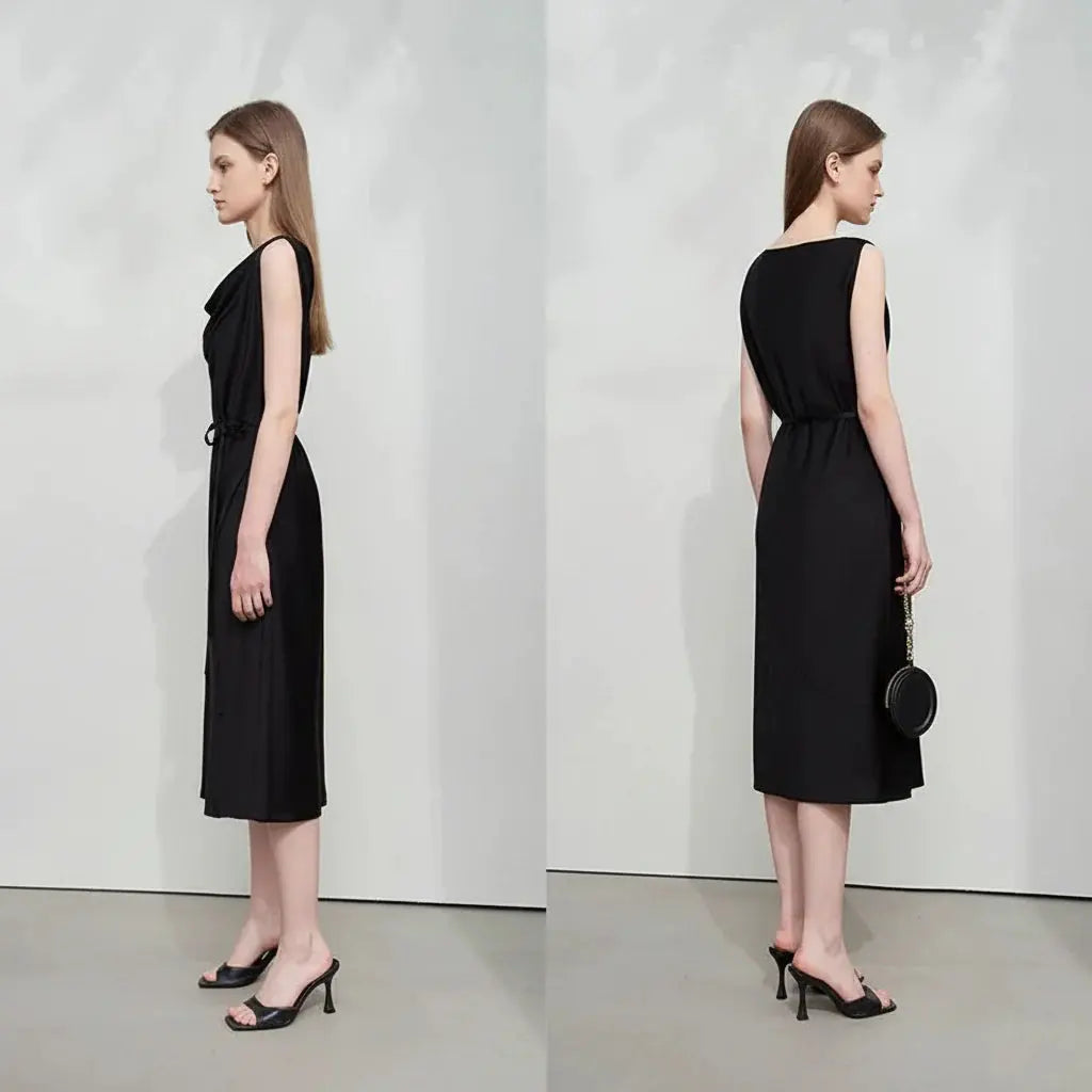 Elegant Black Swing Neck Midi Dress with Thin Belt - Loran