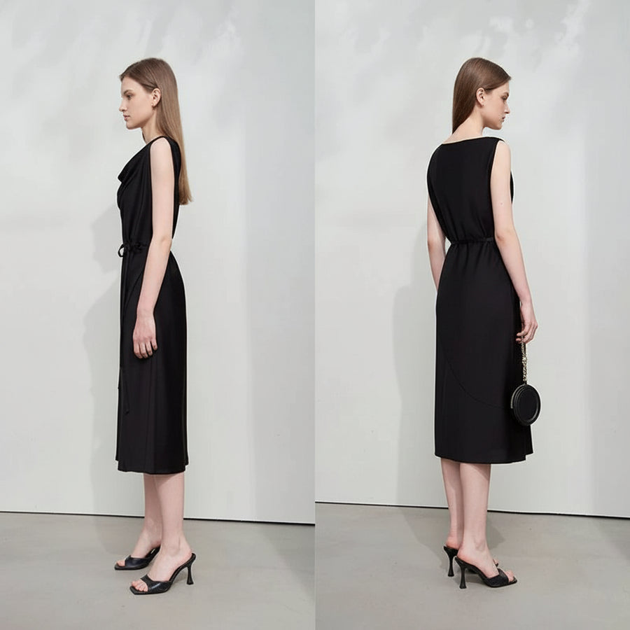 Black sleeveless dress shown from front and back on a model against a white background, with 'Amii' branding.