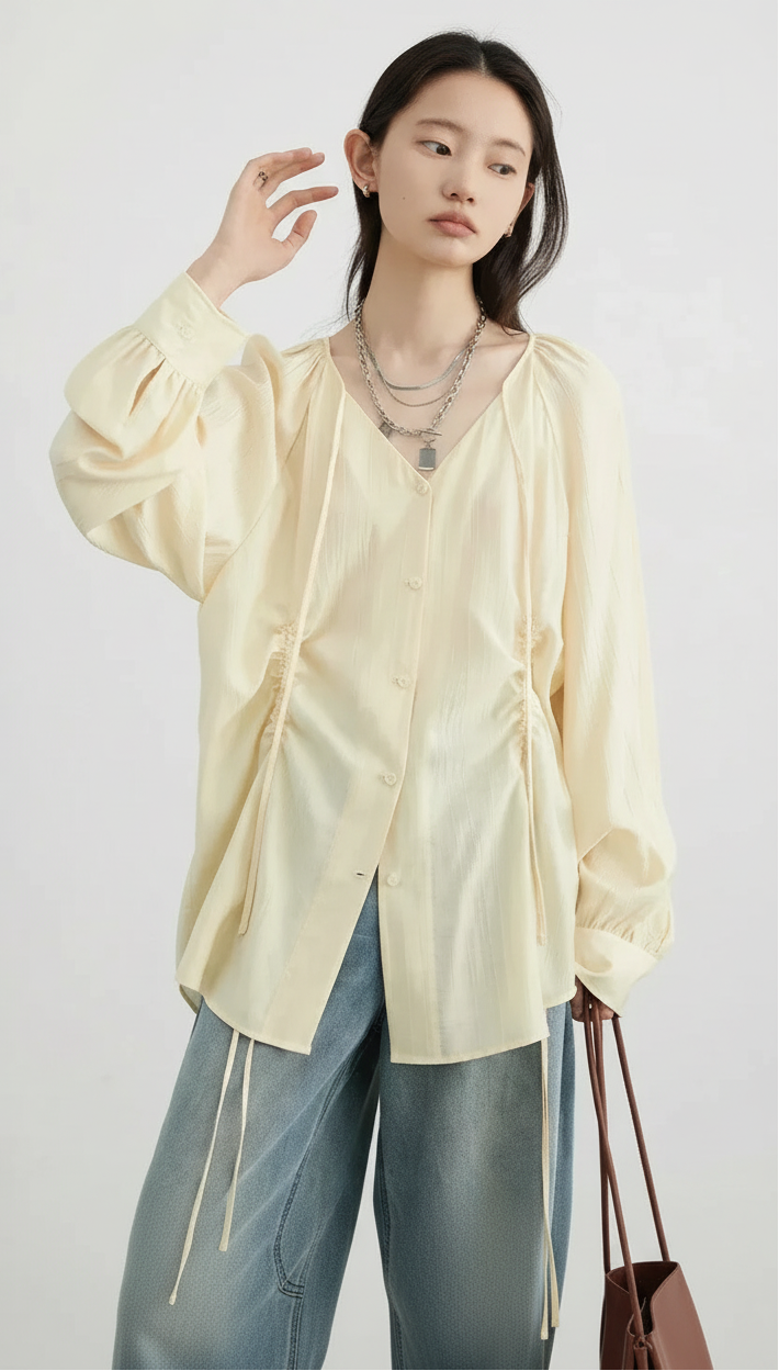 Women’s V-Neck Lace-Up Blouse Loose Pleated Spring Top Loran