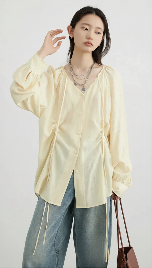 Women’s V-Neck Lace-Up Blouse Loose Pleated Spring Top Loran