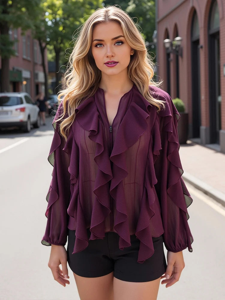 Chic Translucent Blouse with Layered Gauze and Ruffle Detail