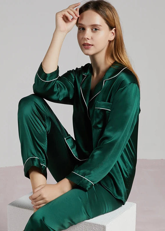 19MM 100% Mulberry Silk Pajamas Women Silk Sleepwear Lady Long-sleeved TrousersTwo-piece Spring Summer  Loose Sexy Home Clothes Loran