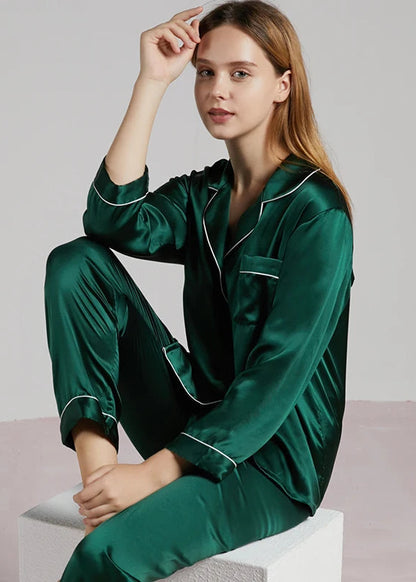 19MM 100% Mulberry Silk Pajamas Women Silk Sleepwear Lady Long-sleeved TrousersTwo-piece Spring Summer  Loose Sexy Home Clothes Loran