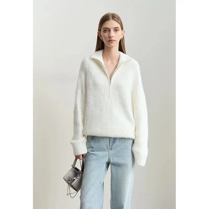 Women's Loose Fit Turtleneck Sweater with Quarter-Zip - Loran