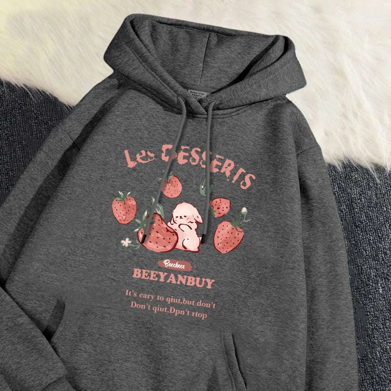 Cute Rabbit Strawberry Print Women's Hoodie