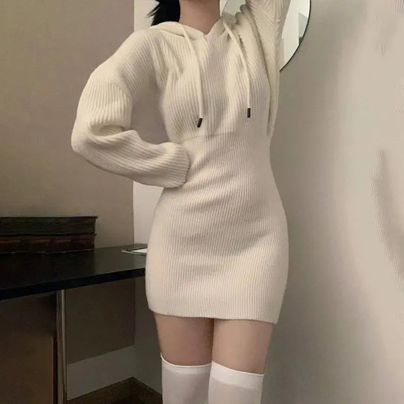 Chic High-Waist Bandage Knit Dress with Hood - Loran