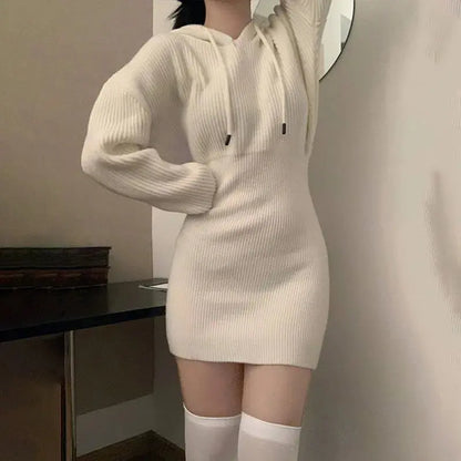 Chic High-Waist Bandage Knit Dress with Hood - Loran