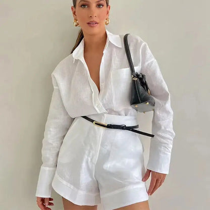 Cotton Linen Shirt & High-Waist Shorts Set Loran