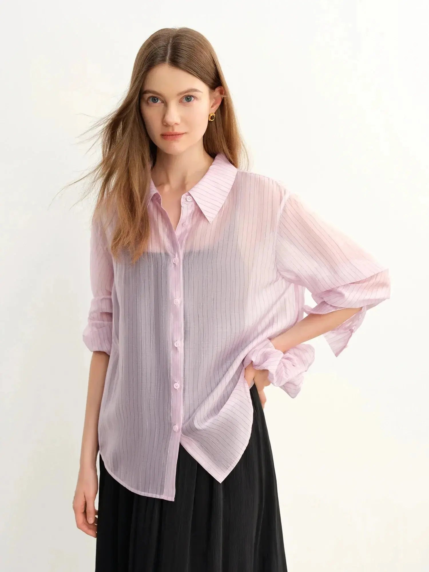 Plus Size Striped Sheer/Perspective Long-Sleeve Blouse LORAN STORE