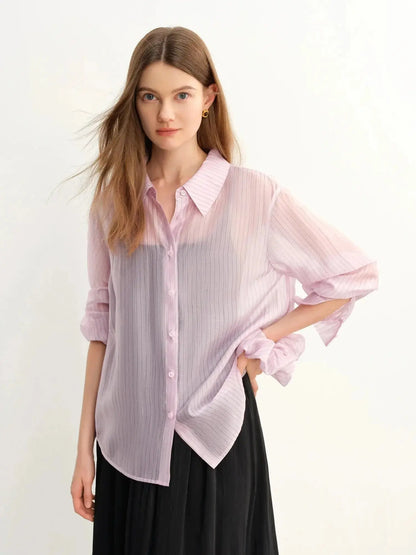 Plus Size Striped Sheer/Perspective Long-Sleeve Blouse LORAN STORE