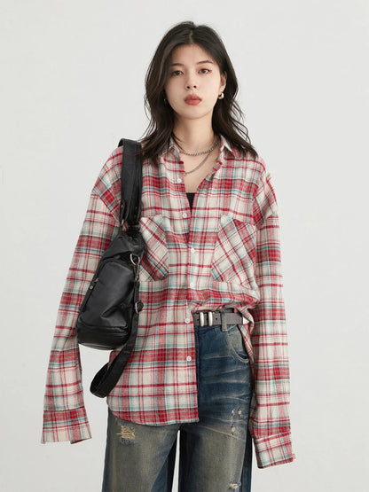 Retro Color Block Grid Cotton Shirt Loose Fit Blouse Loran