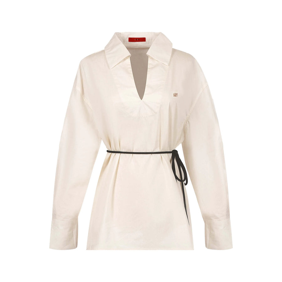 Beige V-Neck Long-Sleeve Commuter Top