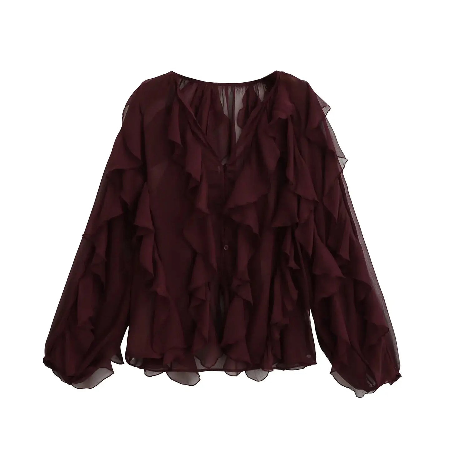 Chic Translucent Blouse with Layered Gauze and Ruffle Detail - Loran