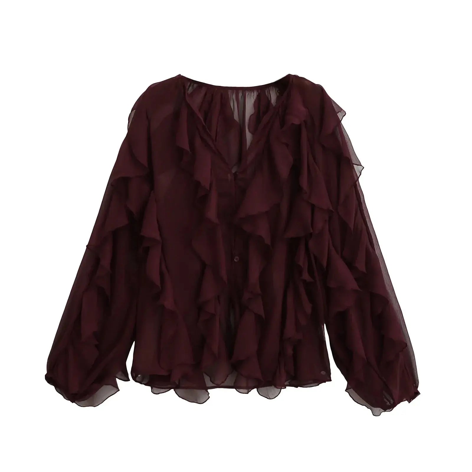 Chic Translucent Blouse with Layered Gauze and Ruffle Detail - Loran