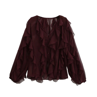 Chic Translucent Blouse with Layered Gauze and Ruffle Detail - Loran