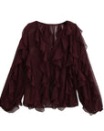 Chic Translucent Blouse with Layered Gauze and Ruffle Detail