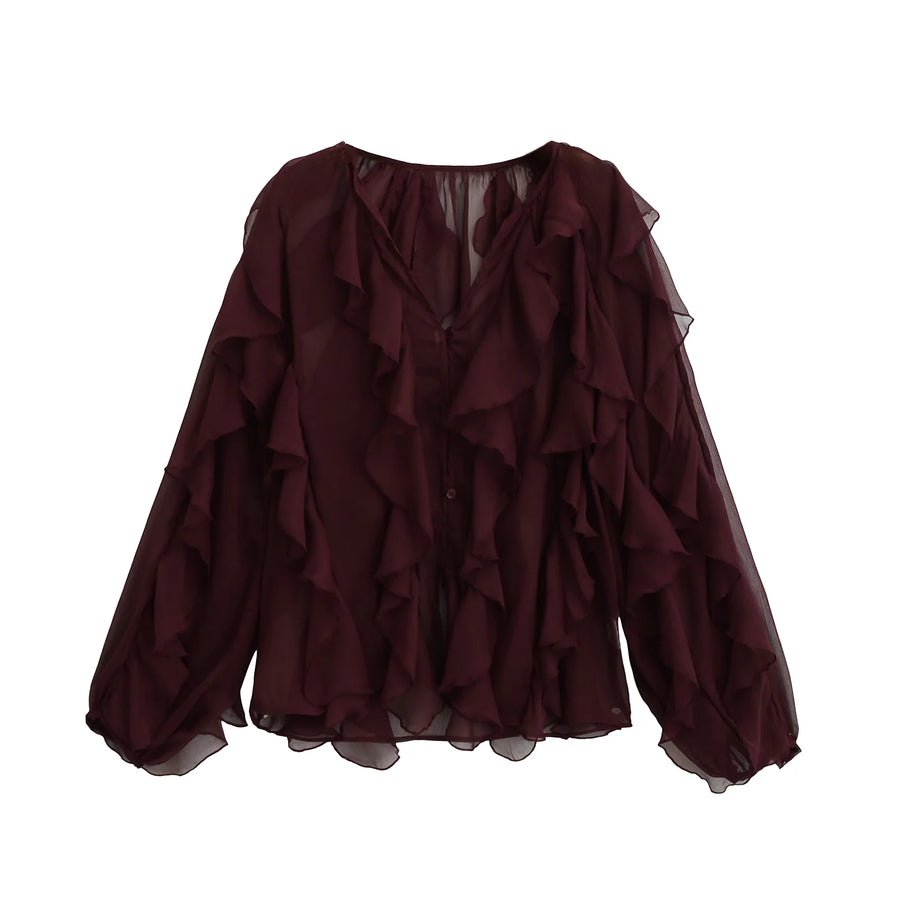 Chic Translucent Blouse with Layered Gauze and Ruffle Detail