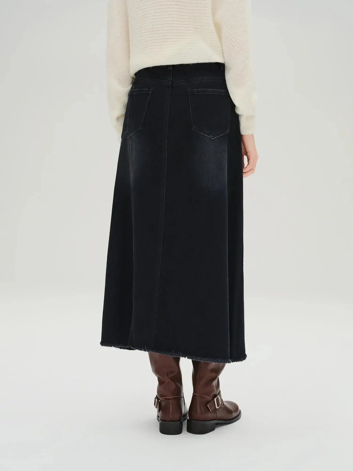 Classic Plus Size Black Denim Midi Skirt - Loran