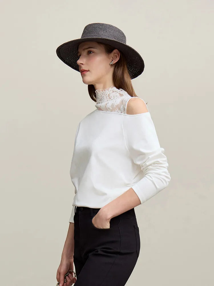 Amii Long Sleeve T-shirt 2026 Spring New Elegant Commuter Cotton Lace T-shirt Loose Off-the-shoulder Casual Women's Top 12641026 Loran