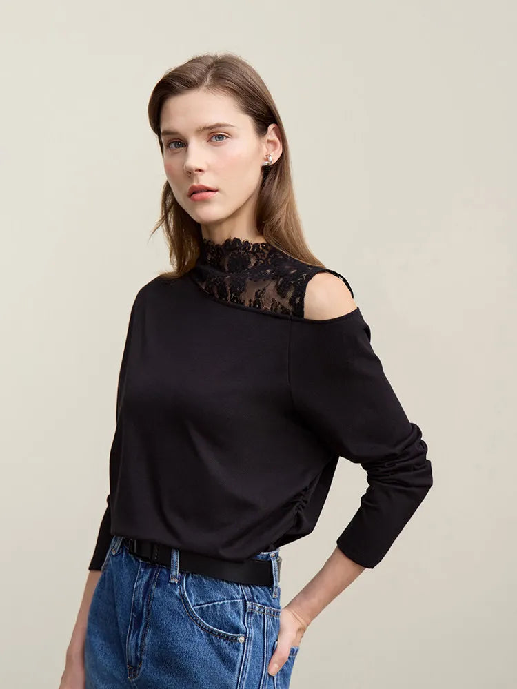 Amii Long Sleeve T-shirt 2026 Spring New Elegant Commuter Cotton Lace T-shirt Loose Off-the-shoulder Casual Women's Top 12641026 Loran