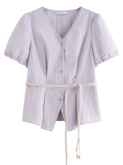 Summer V-Neck Top with Textured Pleats LORAN STORE