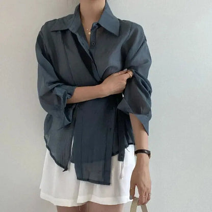 Chic Long Sleeve Button-Down Shirt with Asymmetrical Hem - Loran