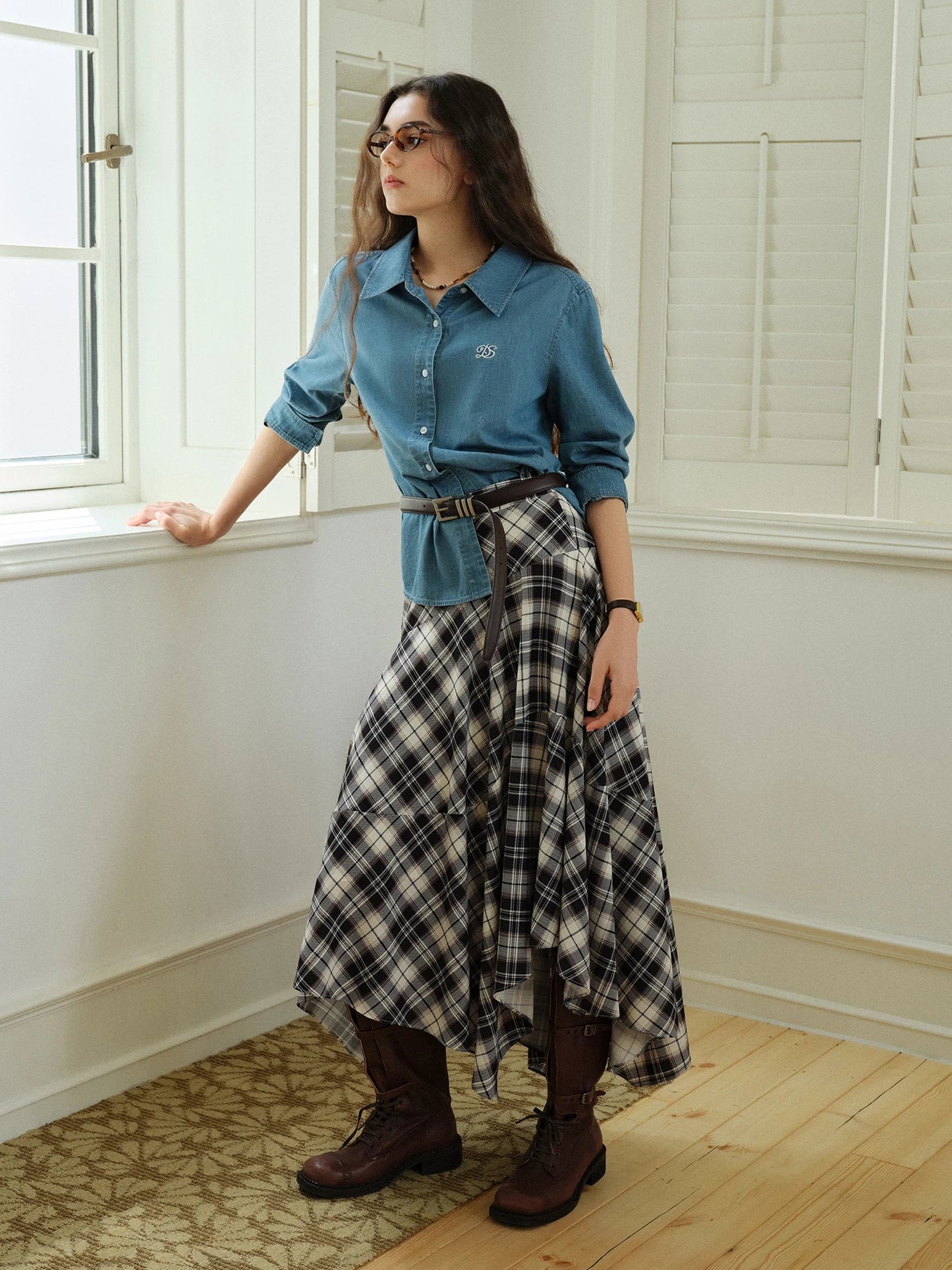 Plus Size Irregular Deconstructed Checkered A-Line Skirt Loran