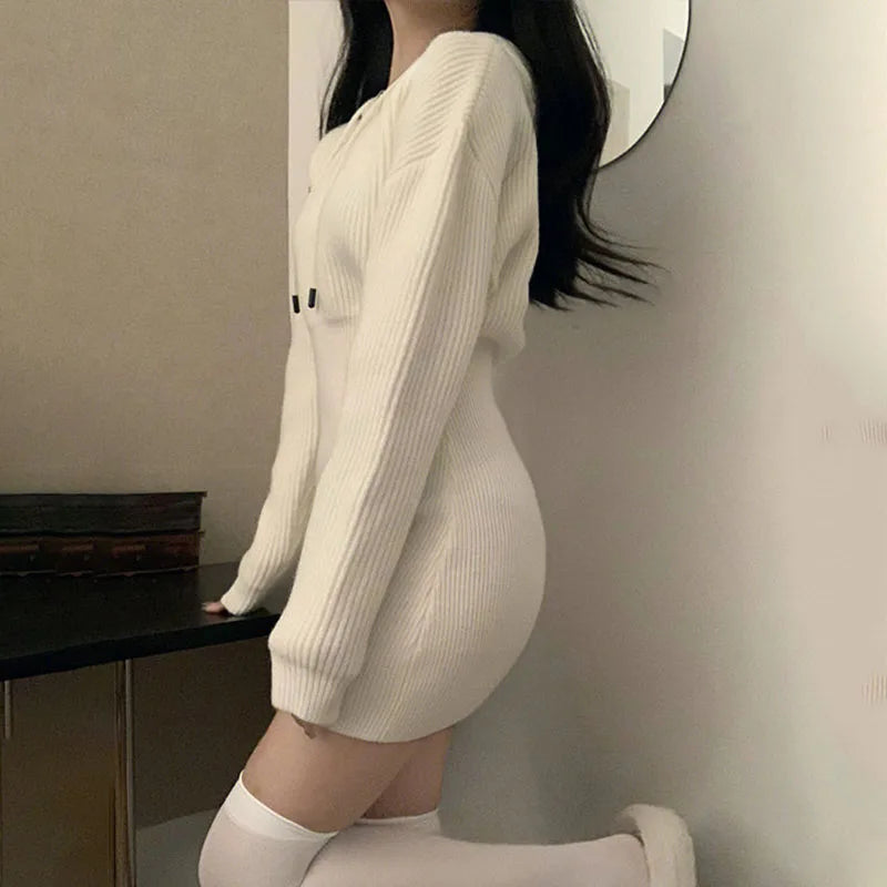 Chic High-Waist Bandage Knit Dress with Hood
