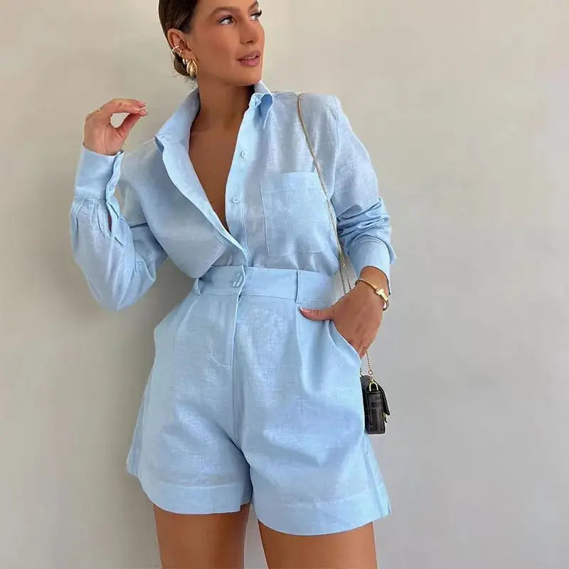 Cotton Linen Shirt & High-Waist Shorts Set Loran