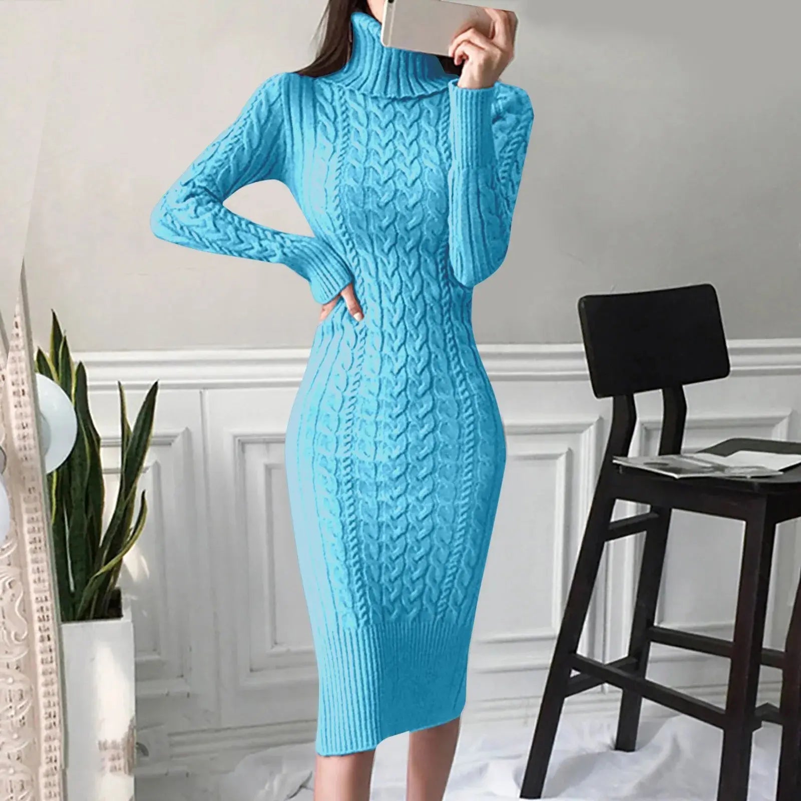 Warm Knitted Bodycon Turtleneck Dress for Autumn/Winter - Loran