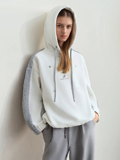 Embroidered Drawstring Faux Lamb Wool Sweatshirt