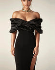 Satin Ruffle Shoulder High Slit Long Dress