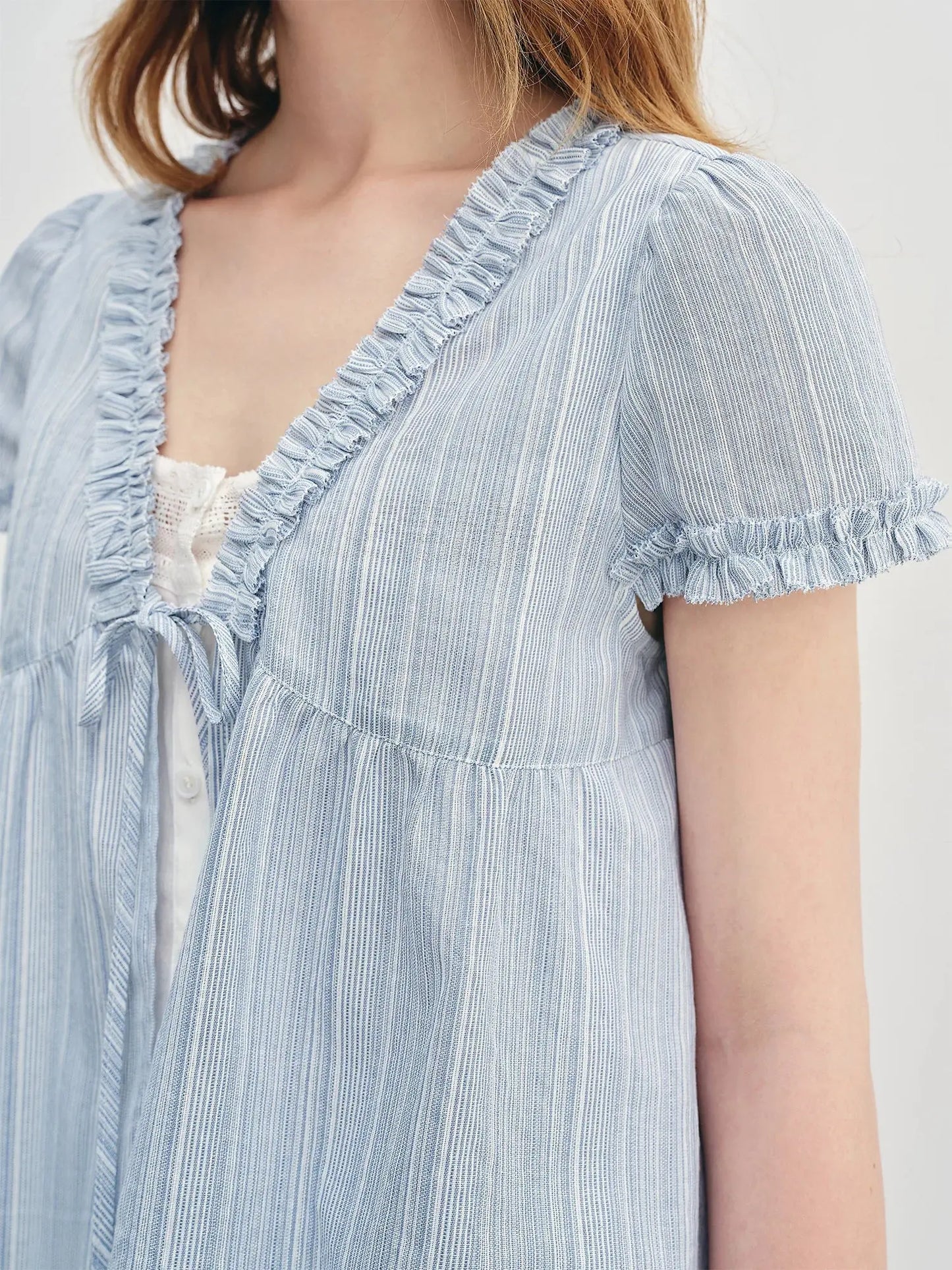 New Blue Striped Ruffle Blouse - Loran