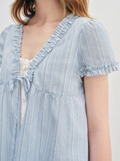 Ruffled Striped Blue Shirt Fake Two-Piece Top Loran