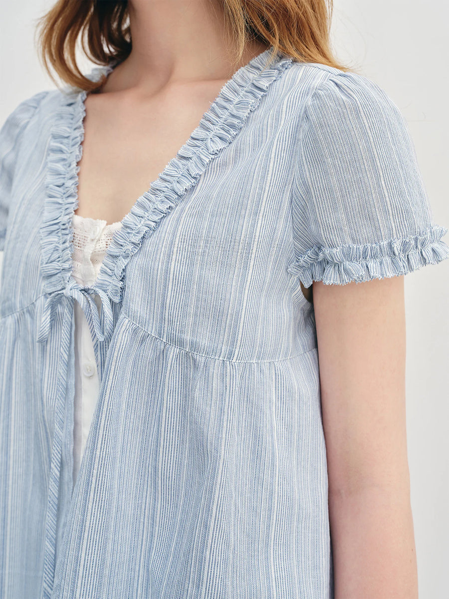 New Blue Striped Ruffle Blouse
