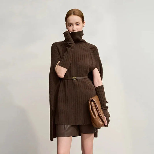 Chic Turtleneck Knit Sweater Cape | Solid Winter Pullover - Loran