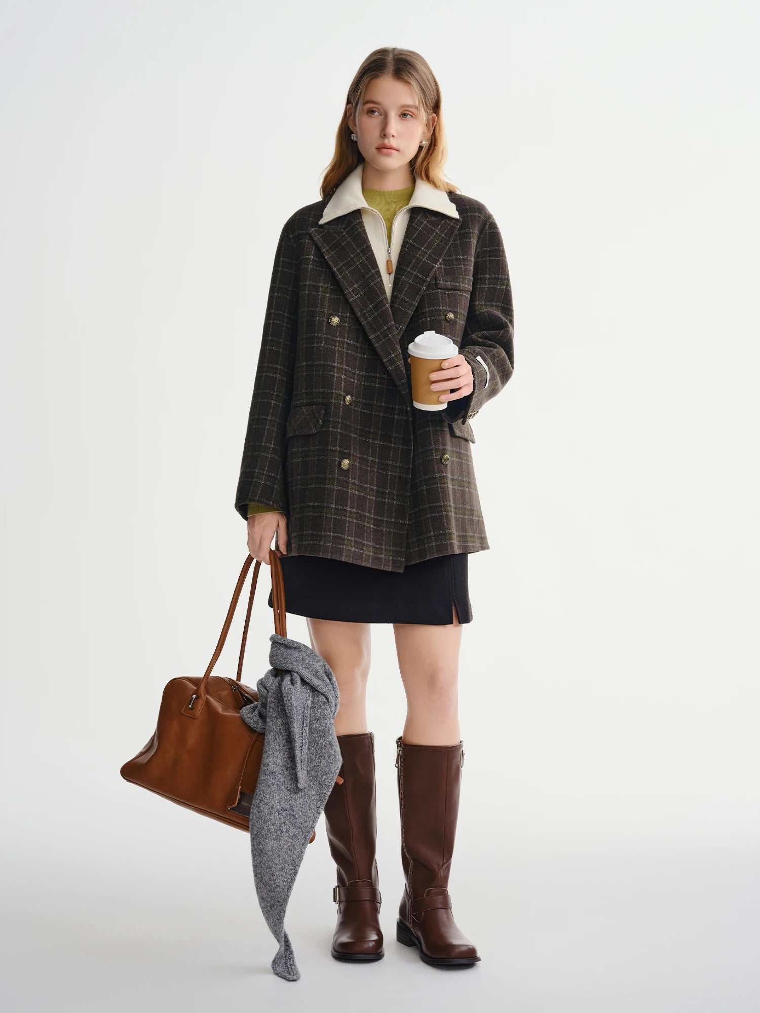 Plaid Camel Hair Wool Blazer Vintage British Style Coat