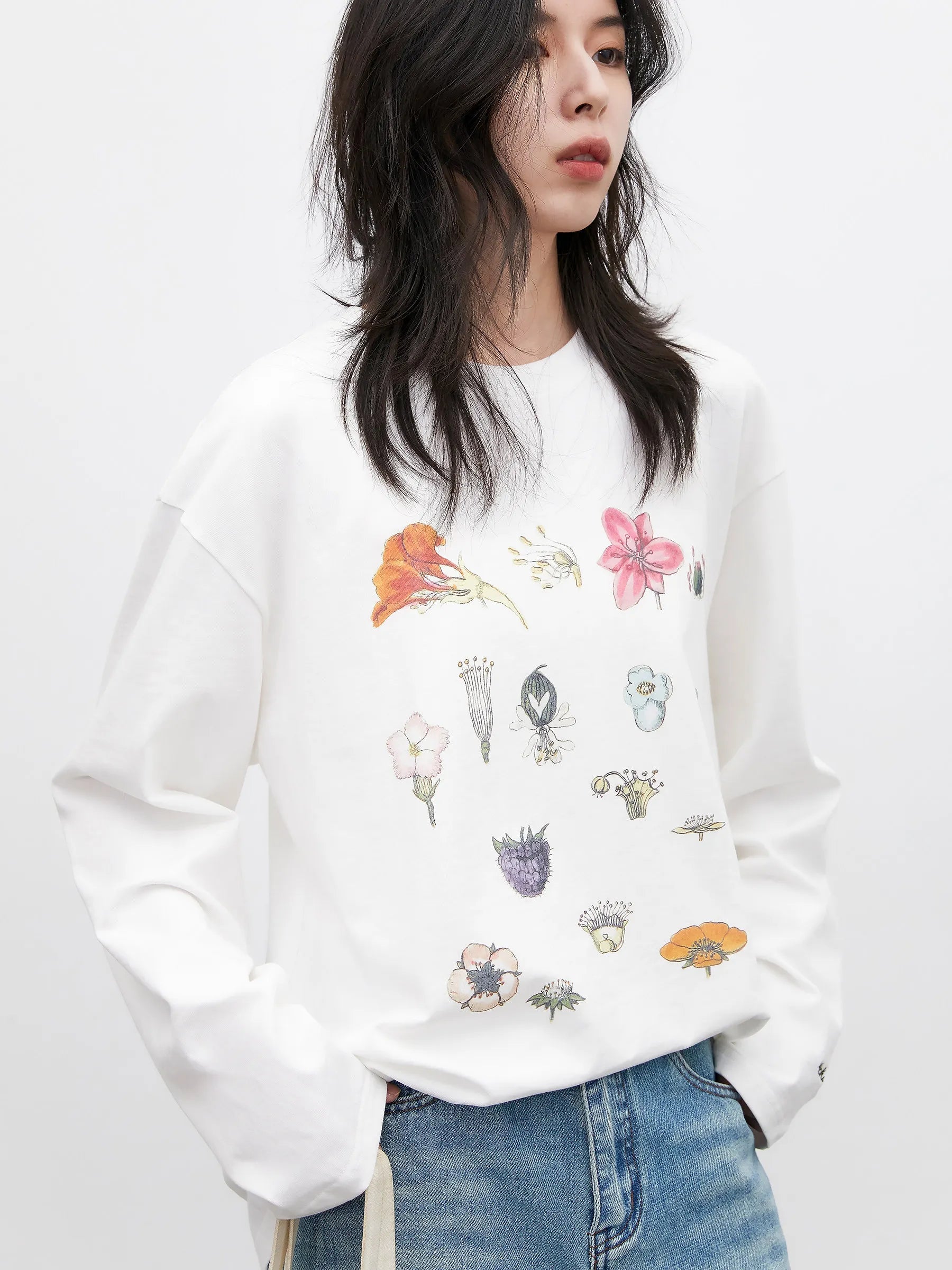 Floral & Fruit Print Long Sleeve T-Shirt Cotton Tee Loran