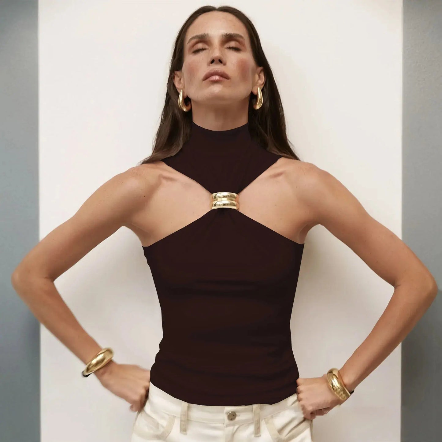 Sleeveless Knit Turtleneck Top with Metal Ring - Loran