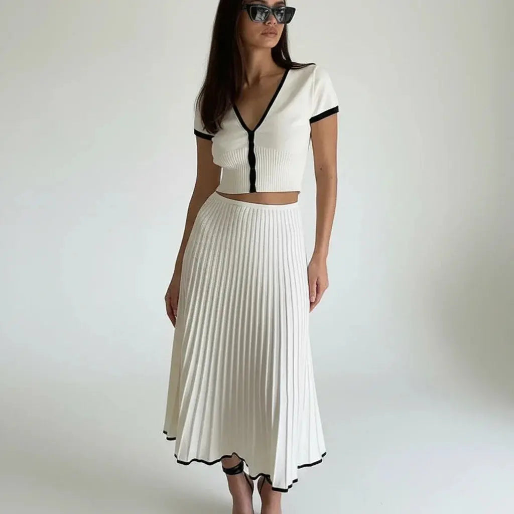 Elegant White Crop Top & Pleated Skirt Set - Loran
