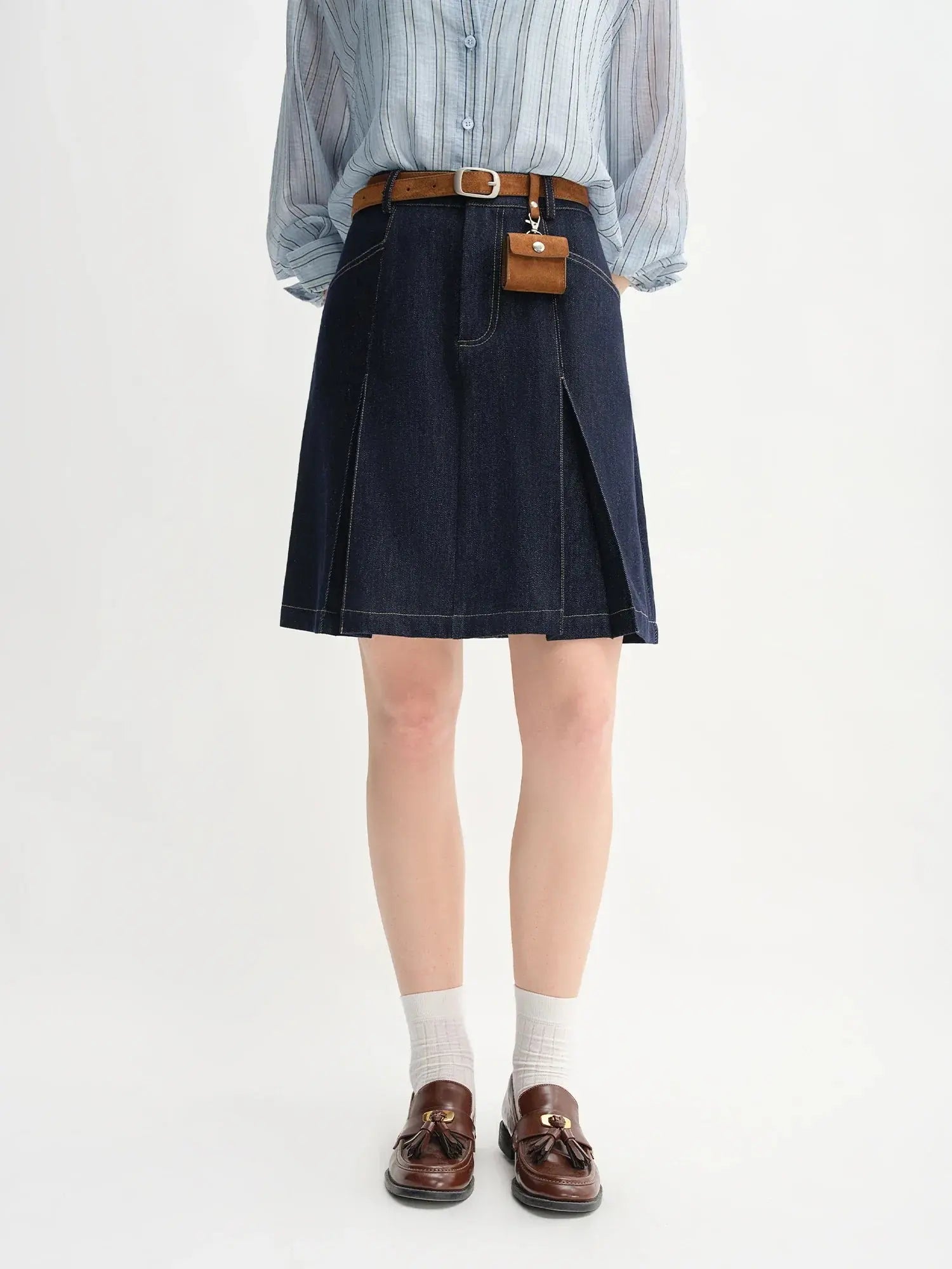 Retro Contrast A-Line Denim Skirt - Loran