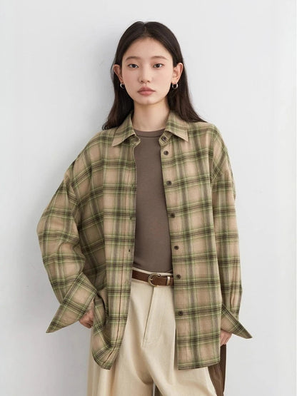 Long Sleeve Plaid Shirt Casual Loose Fit Autumn Blouse Loran