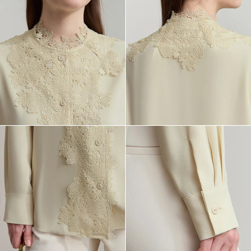 AMII Women's Shirt 2025 Autumn Blouse Lace Splicing Loose Long Sleeve Chiffon Blouse Elegant Ladies Tops Woman Clothing 12543063 Loran
